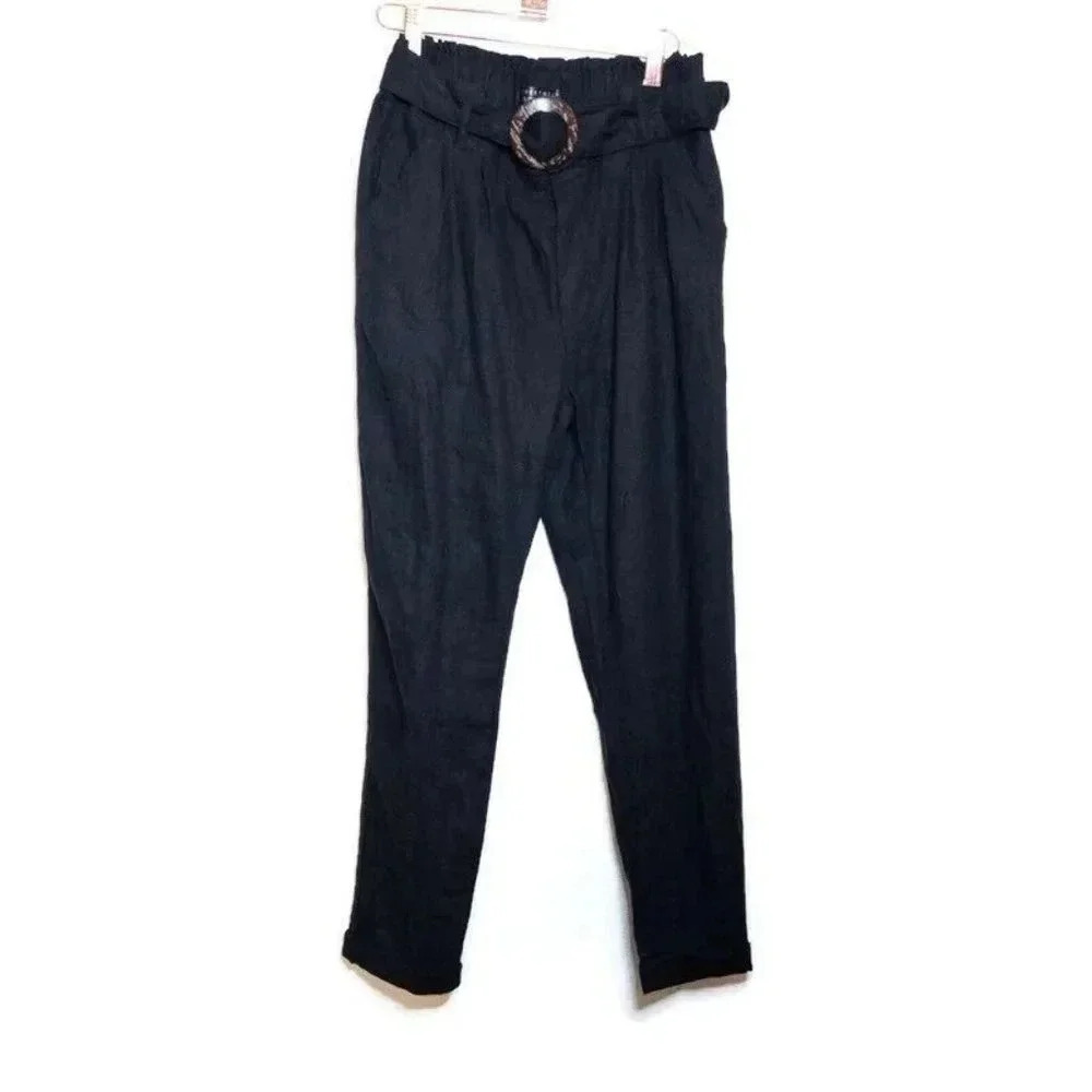 Streetwear Society Womens Linen Blend Paperbag Pants Sz S Belt Cuffed Minimalist
